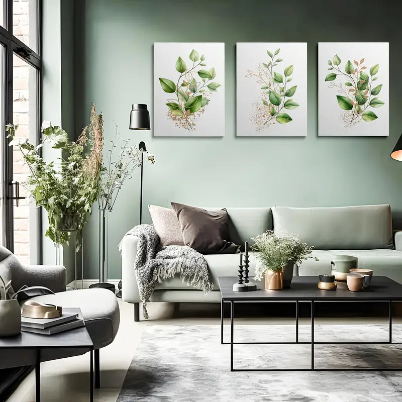 3pcs Green Plant Modern Leaf Design Metal Print Ready to Hang Art
