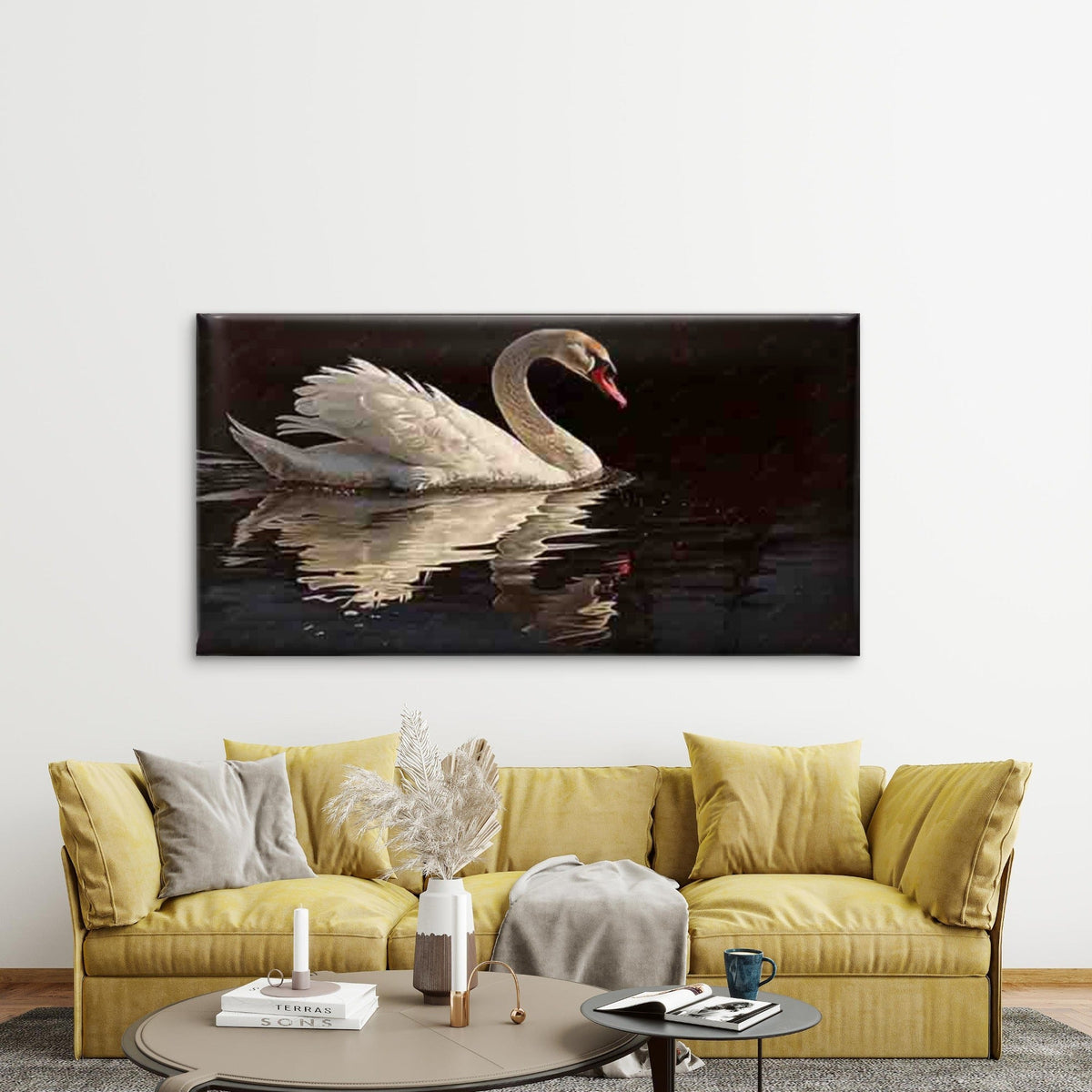 Featuring a White Swan Wall Art Canvas Office Home Room Framed 80x45cm