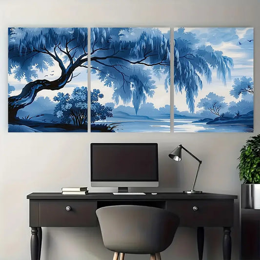 3pcs Monochrome Blue River Willow Tree Metal Print Ready to Hang Art