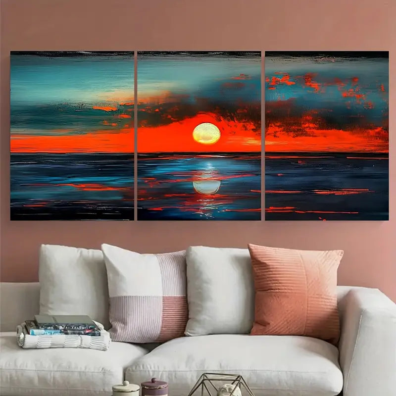 3pcs Sunset Ocean Seascape Teal & Orange Metal Print Ready to Hang Art