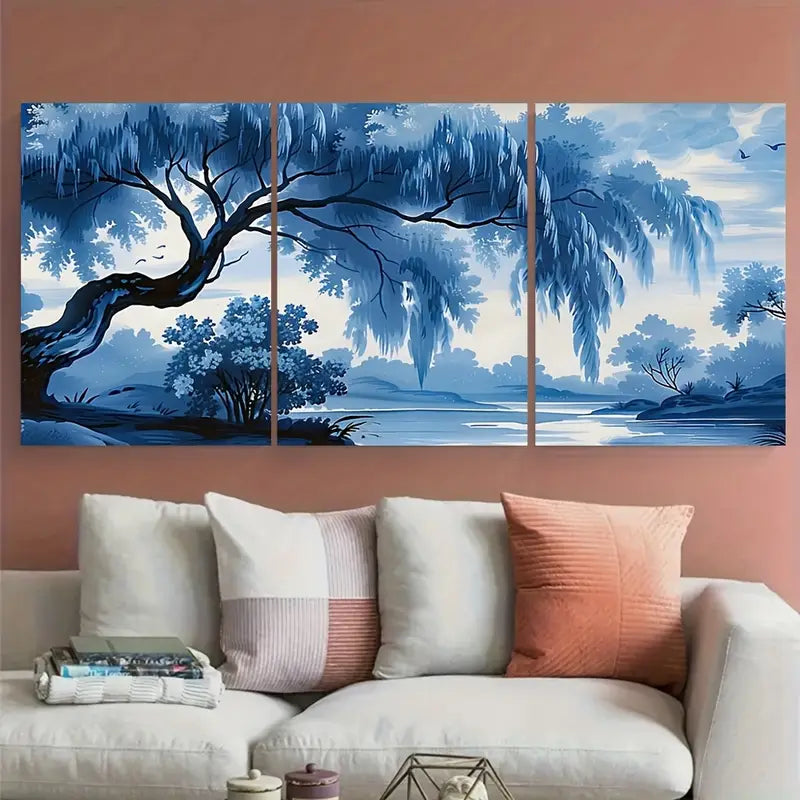 3pcs Monochrome Blue River Willow Tree Metal Print Ready to Hang Art