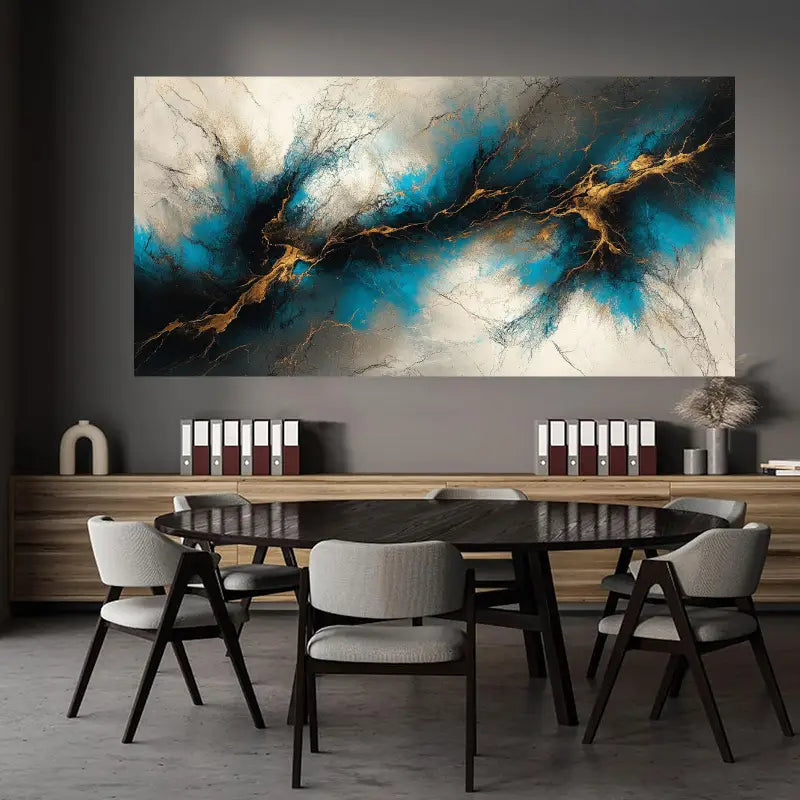 Black & Blue with Golden Accents Fluid Abstract Design Wall Art wall canvas office home room framed 120x60cm