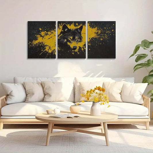 3pcs Wolf black and yellow Abstract Classic Design Metal Print Ready to Hang Art