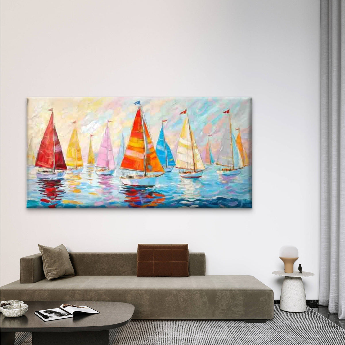 Colorful Sailboats Painting Wall Art Canvas Office Home Room Framed 80x45cm