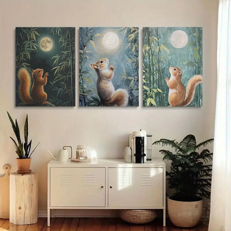 3pcs Whimsical Squirrel Moonlight Forest Metal Print Ready to Hang Art