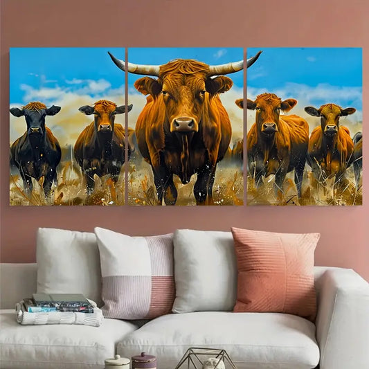3pcs Longhorn Cattle Herd Brown Cows Metal Print Ready to Hang Art