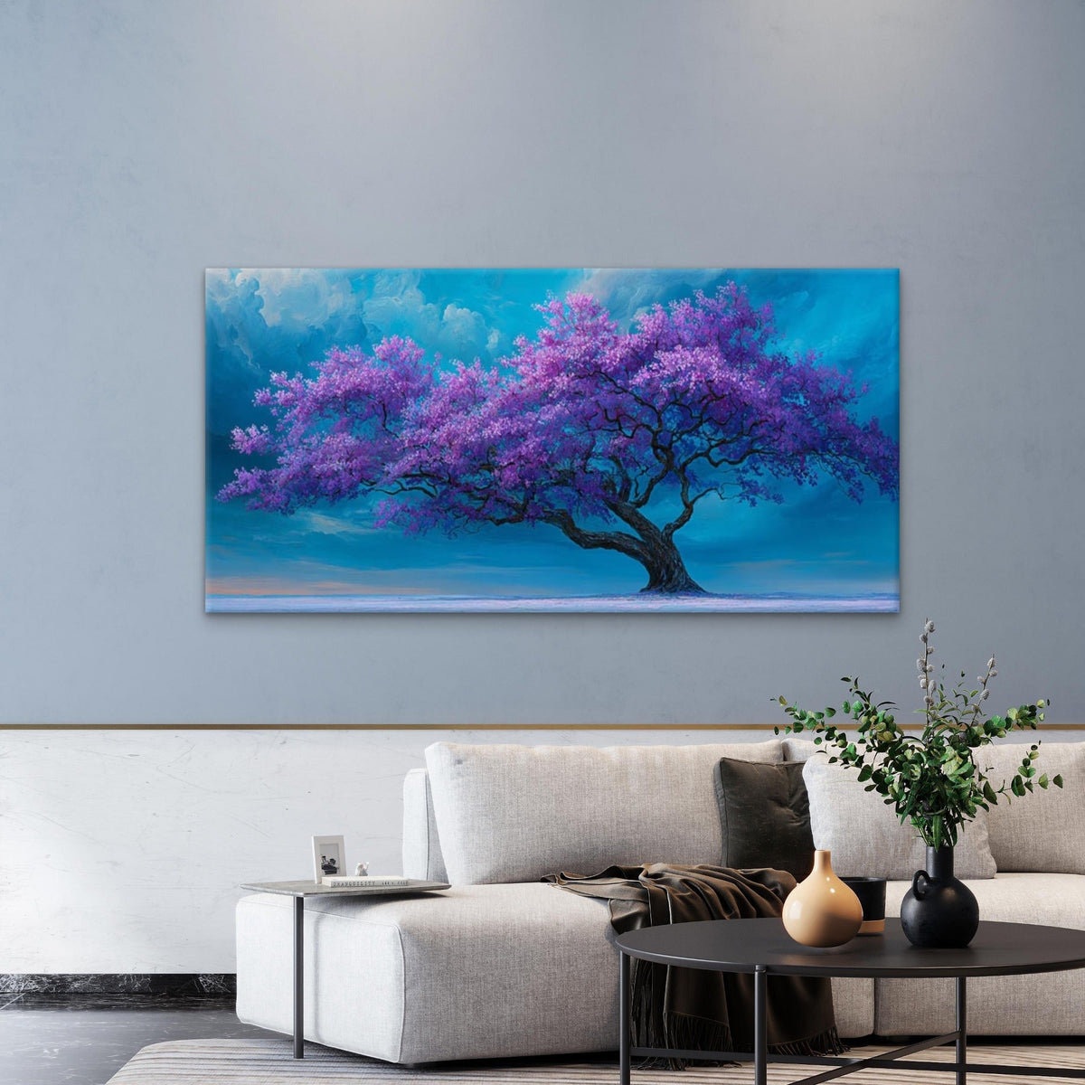 Purple Blossoms Paintings Wall Art Canvas Office Home Room Framed 80x45cm