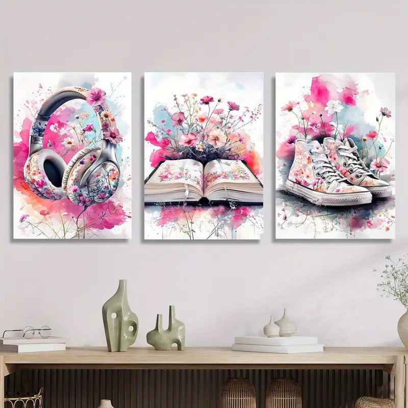 3pcs Pink Preppy Headphones, Book & Shoe Design Metal Print Ready to Hang Art