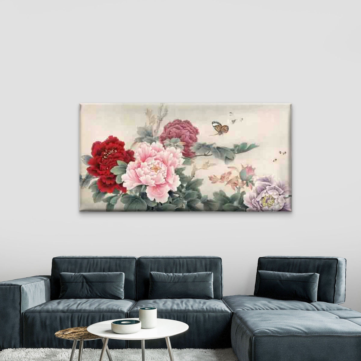 Blue and White Peonies Painting Wall Art Canvas Office Home Room Framed 80x45cm