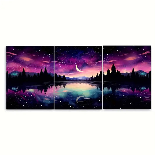 3pcs Moon Lake Northern Lights Stars Metal Print Ready to Hang Art