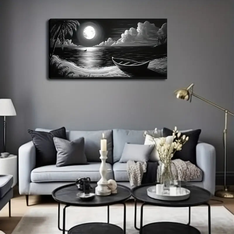White Night Beach Landscape Wall Art Canvas Office Home Room Framed 120x60cm