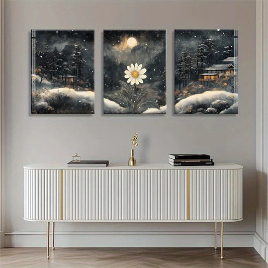 3pcs Winter Night Snowy with Daisy & Traditional House Metal Print Ready to Hang Art