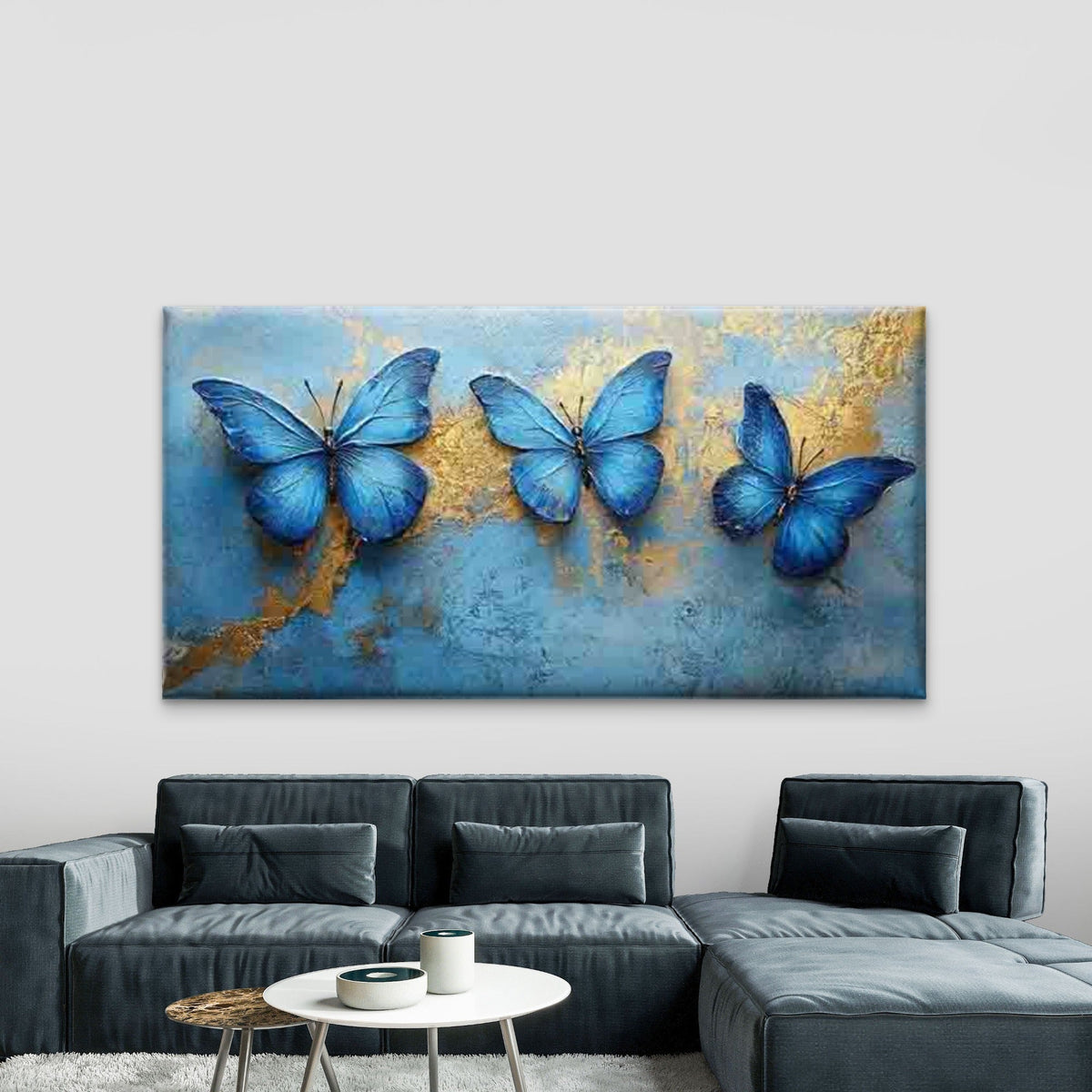 Navy Blue & Golden Accent Wall Art Canvas Office Home Room Framed 120x60cm