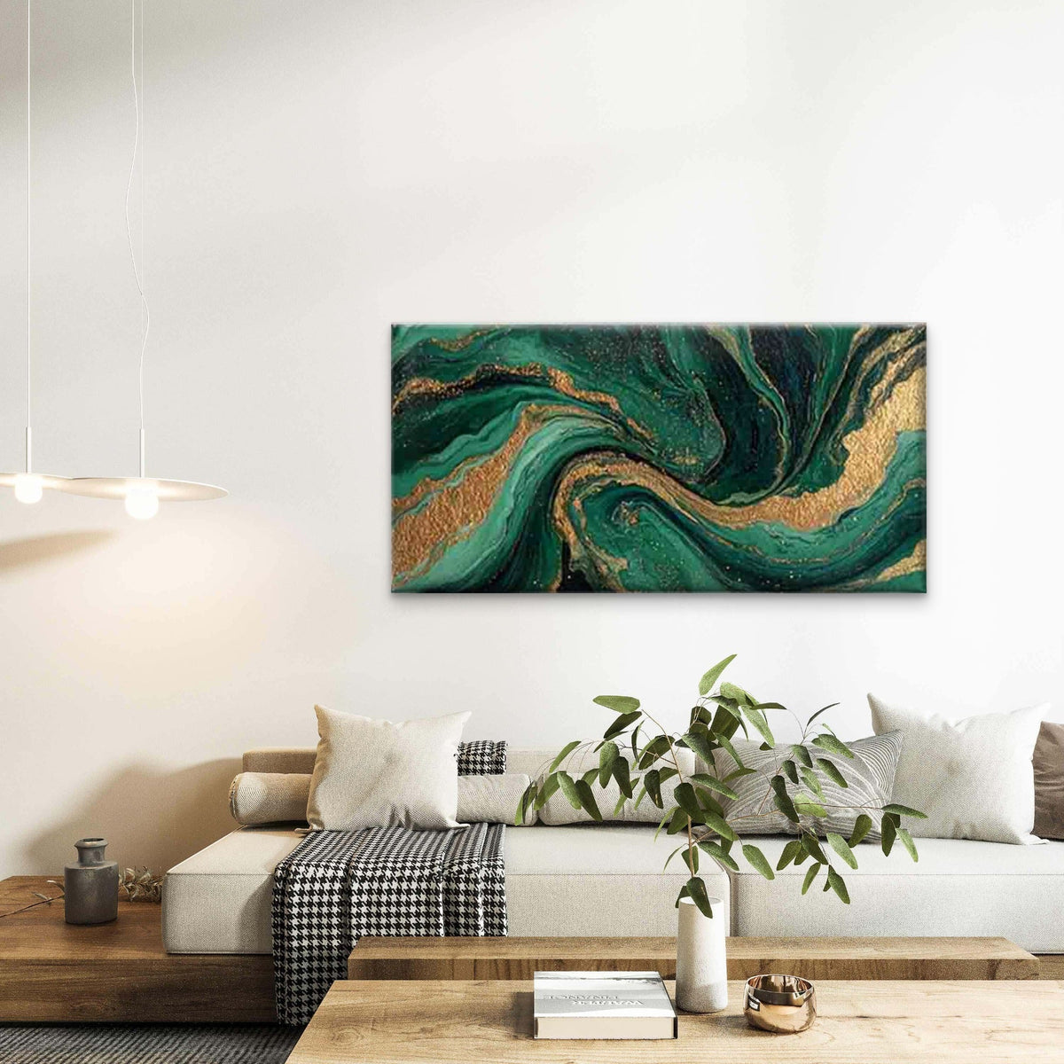 Emerald And Golden Fluid Art Wall Art Canvas Office Home Room Framed 80x45cm