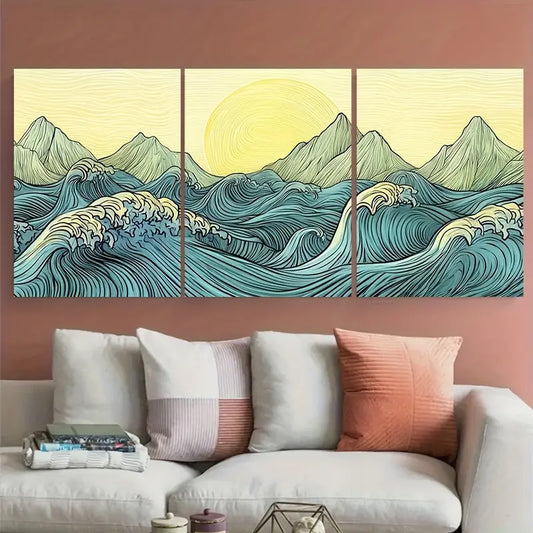 3pcs Japanese Wave Sunrise Seascape Metal Print Ready to Hang Art