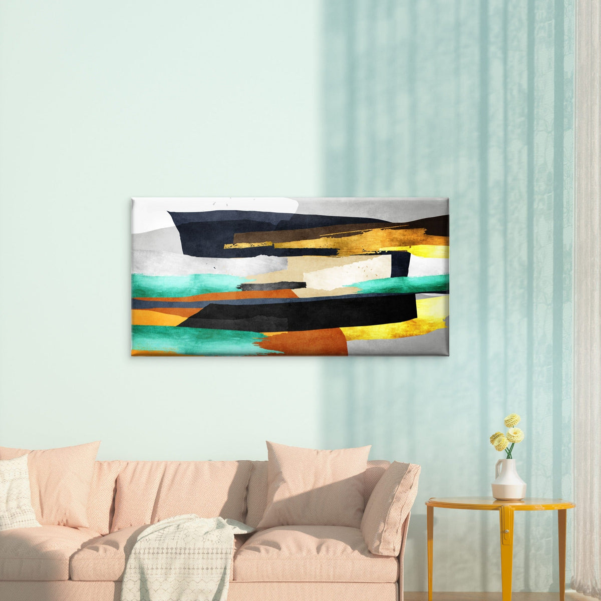 Teal Gold Abstract Brush Stroke Wall Art Canvas Office Home Room Framed 120x60cm