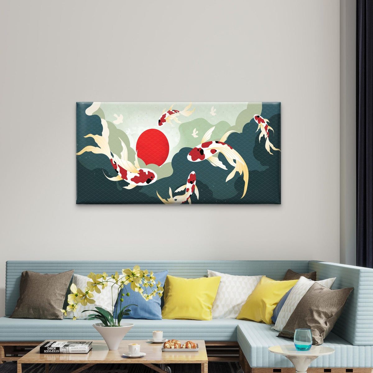 Japanese Koi Fish Red Sun Wall Art Canvas Office Home Room Framed 80x45cm