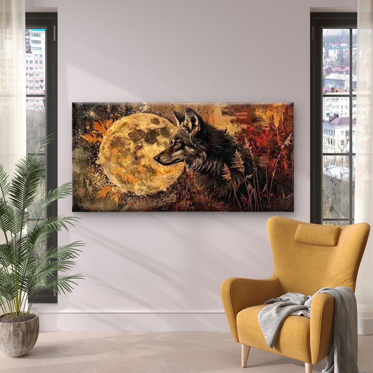 Wolf Under The Moon Wall Art Canvas Office Home Room Framed 80x45cm