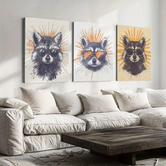 3pcs Vibrant Orange & Yellow Raccoon Burst Design Metal Print Ready to Hang Art