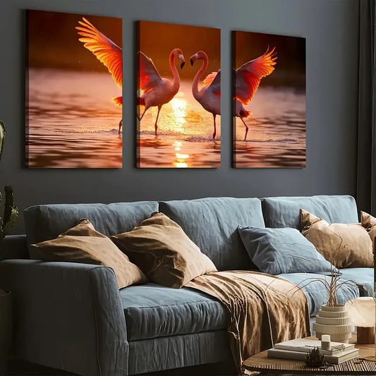 3pcs Flamingos Animal Sunrise Scenic Art Wall Art Set Canvas Framed 40x60cm - High Quality Print 100% Australian Made Wall Canvas Ready to Hang