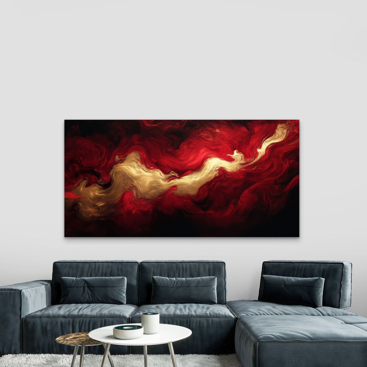 Dynamic Red Gold Swirls Art Wall Art Canvas Office Home Room Framed 80x45cm