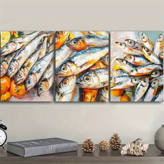 3pcs Featuring a Detailed View of Sardines on a Table Metal Print Ready to Hang Art