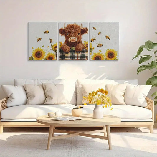 3pcs Rustic Sunflower & Bee with Cow Design Metal Print Ready to Hang Art