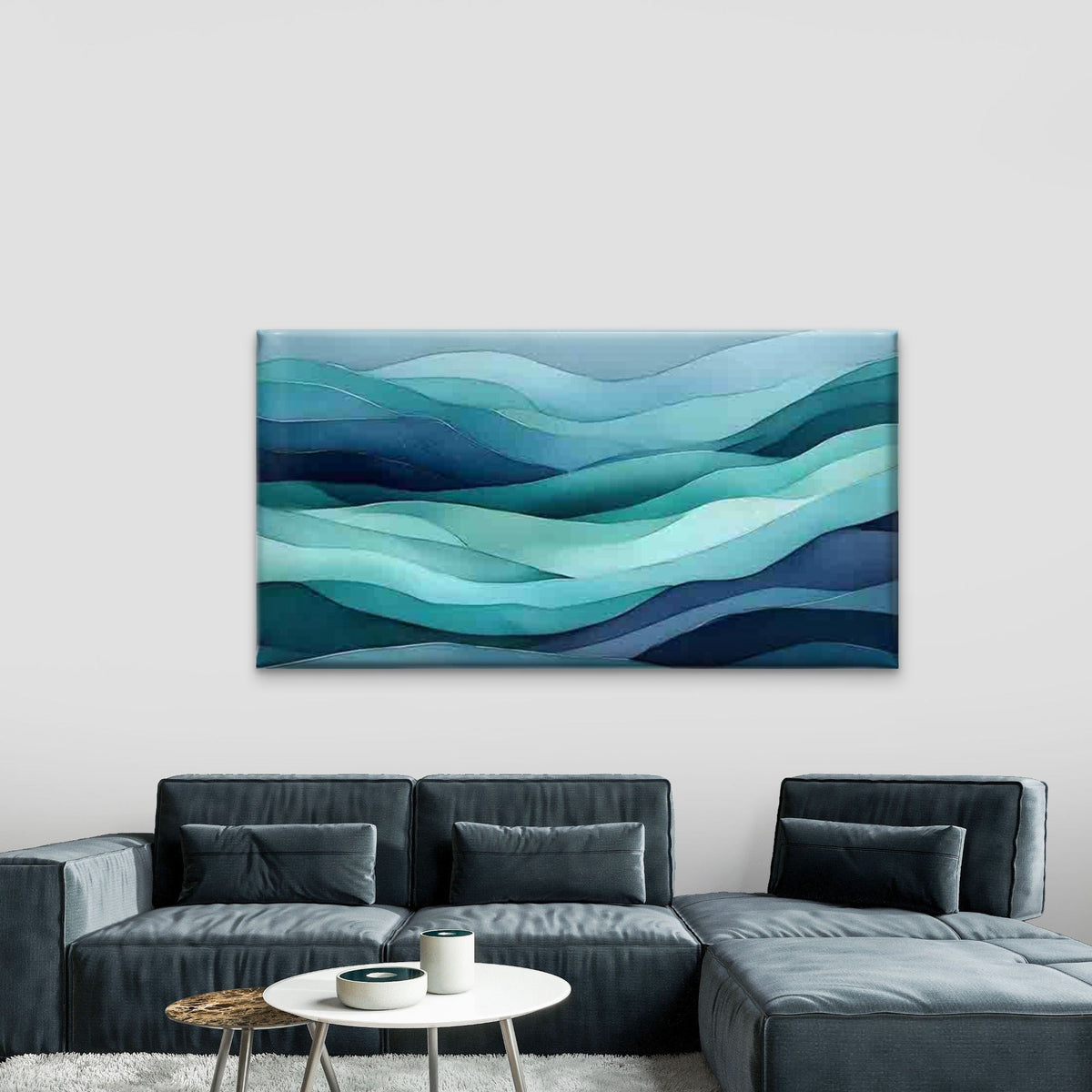Teal Gradient Wave Pattern Wall Art Canvas Office Home Room Framed 80x45cm