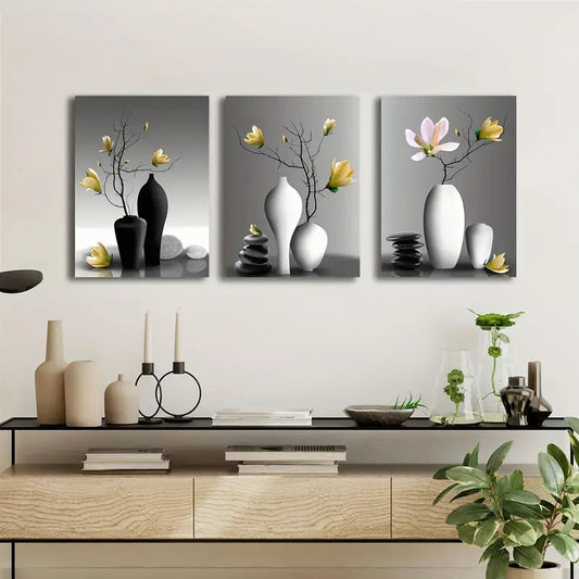 3pcs Elegant Orchid Trio Black & White with Pine Vase Metal Print Ready to Hang Art