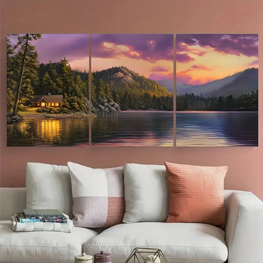 3pcs Purple Golden Sunset Mountain Metal Print Ready to Hang Art