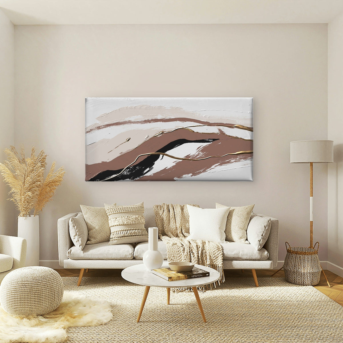 Abstract Beige Brown Gold Wall Art Canvas Office Home Room Framed 80x45cm