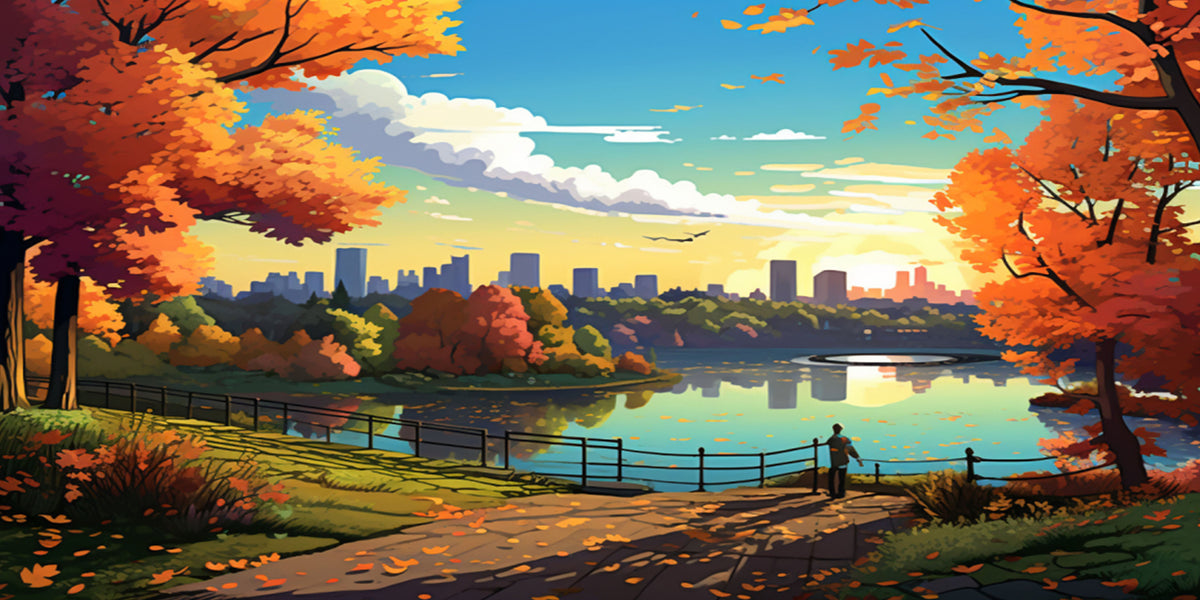 Autumn Park Lake City Skyline Sunset Wall Art Canvas Office Home Framed 120x60cm