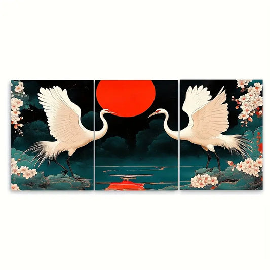 3pcs Cherry Blossom Chinese Crane Metal Print Ready to Hang Art