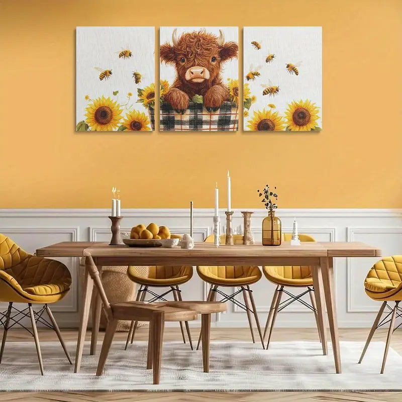 3pcs Rustic Sunflower & Bee with Cow Design Metal Print Ready to Hang Art