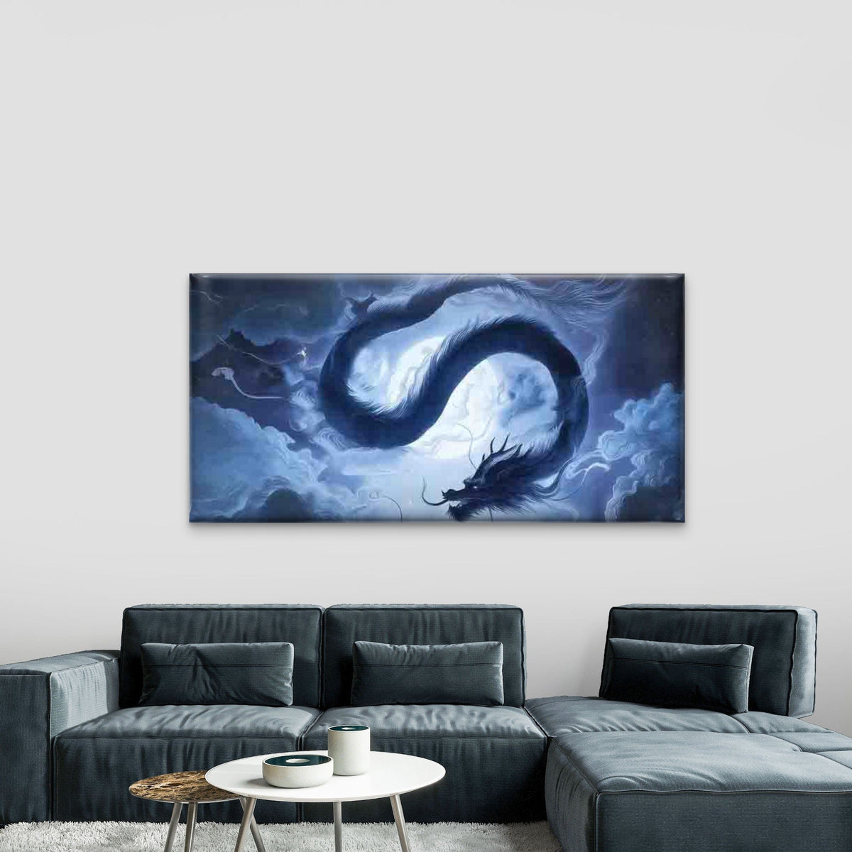 Mystical Blue Dragon Flying Wall Art Canvas Office Home Room Framed 80x45cm