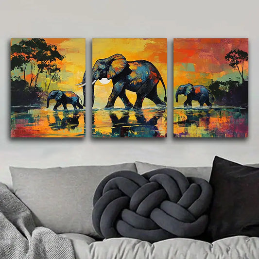 3pcs The Elephant is Walking Metal Print Ready to Hang Art