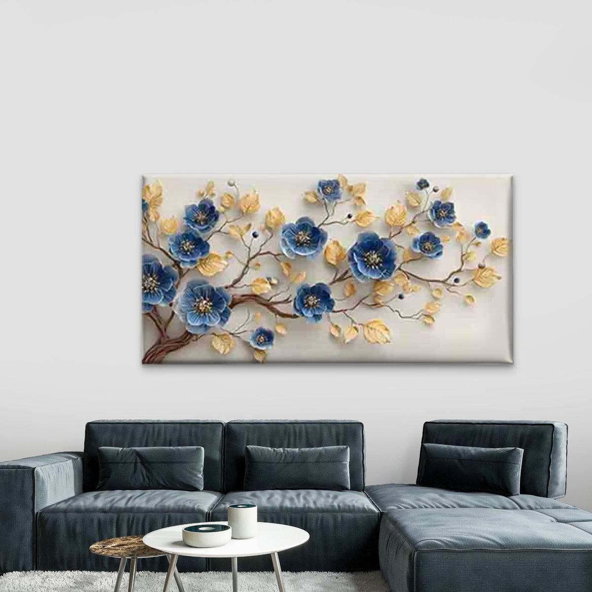 Blue Flower And Golden Leaf Wall Art Canvas Office Home Room Framed 80x45cm