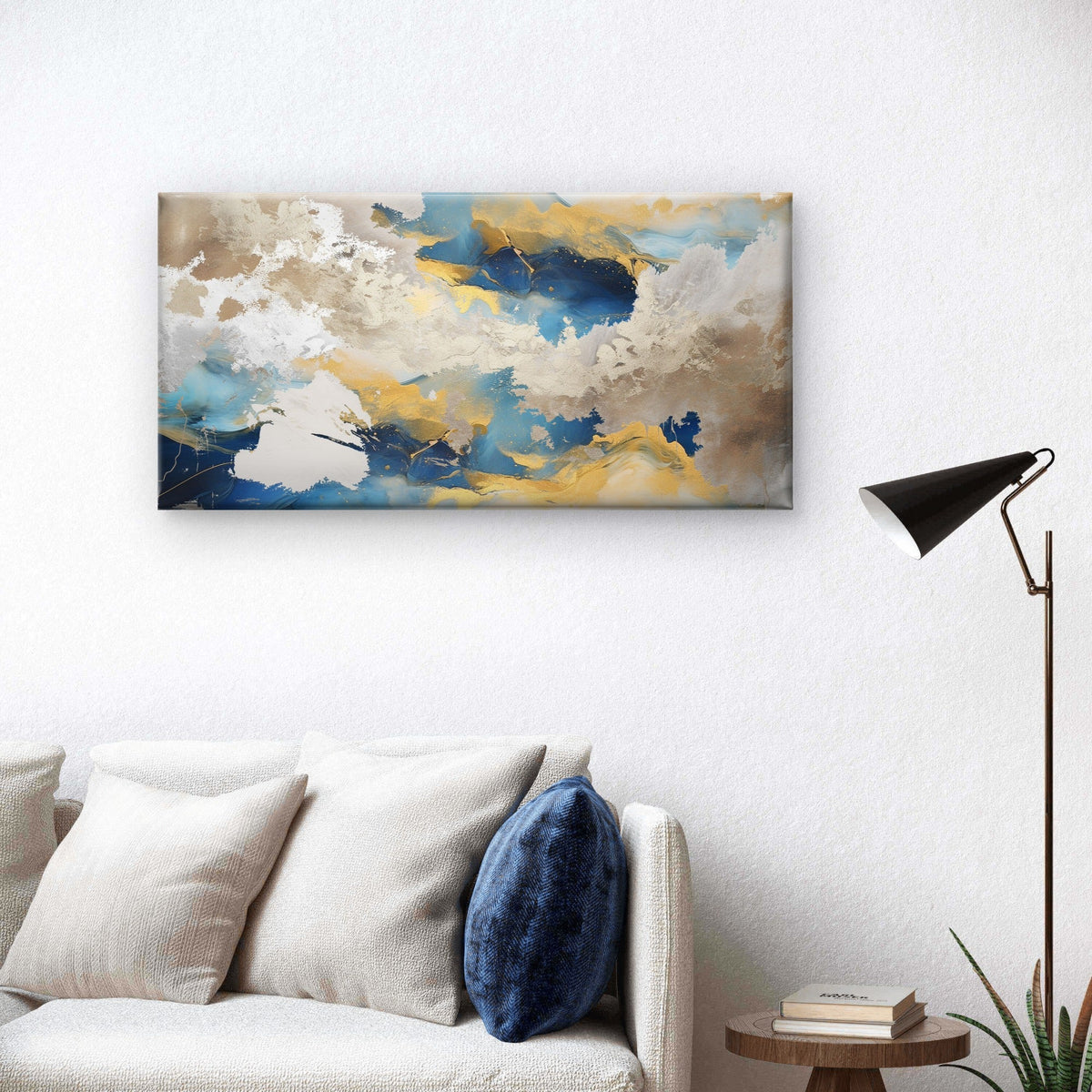 Abstract Navy Blue Gold Foil Clouds Wall Art Canvas Office Home Framed 80x45cm