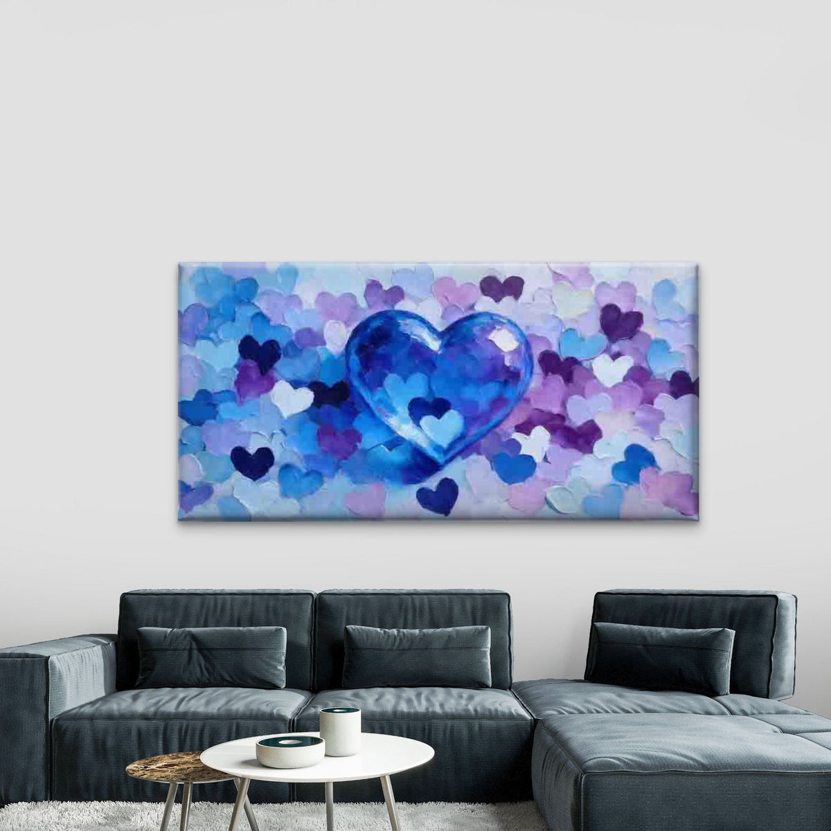 Blue And Purple Heart Abstract Wall Art Canvas Office Home Room Framed 120x60cm