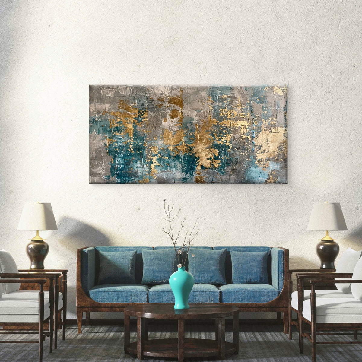 Modern Teal Blue Gold Abstract Wall Art Canvas Office Home Room Framed 120x60cm