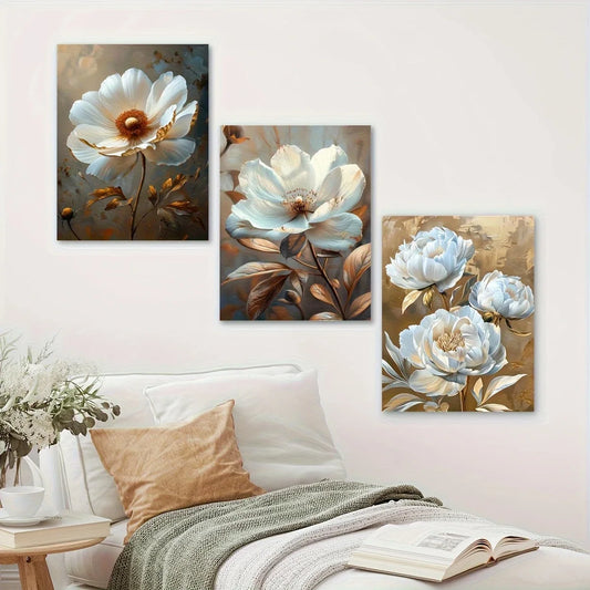 3pcs Luxurious Peony Elegant Floral Blossom Classic Design Metal Print Ready to Hang Art