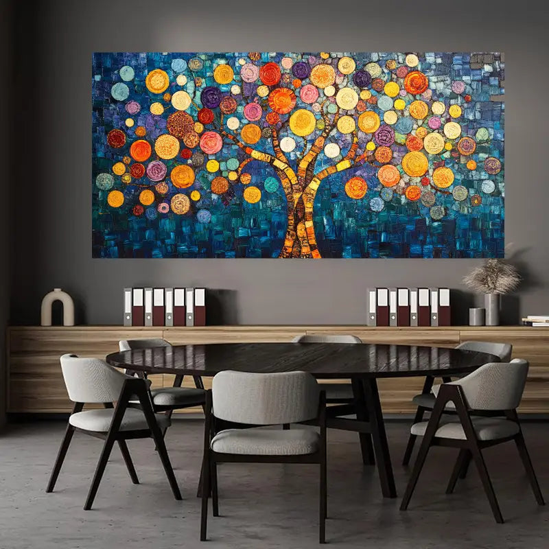 Tree of Life Circular Design in Blues & Oranges Wall Art wall canvas office home room framed 120x60cm