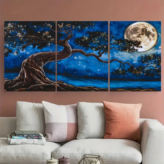 3pcs Tree Full Moon Starry Blue Night Metal Print Ready to Hang Art