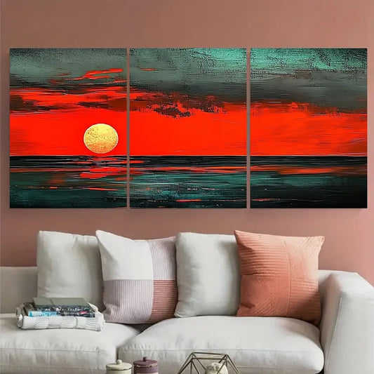 3pcs Red Sunset Sea Bold Ocean Graphic Metal Print Ready to Hang Art