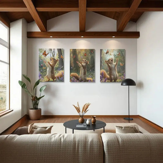 3pcs Vibrant Autumn Forest Scene with Butterflies Squirrel Metal Print Ready to Hang Art