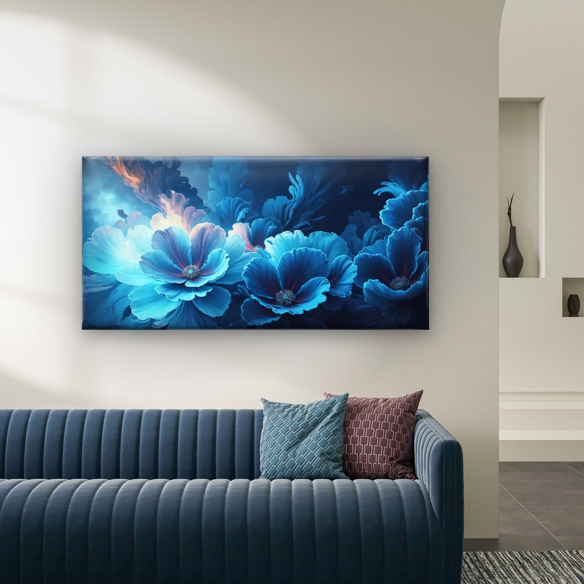 Neon Blue Floral Abstract Wall Art Canvas Office Home Room Framed 80x45cm