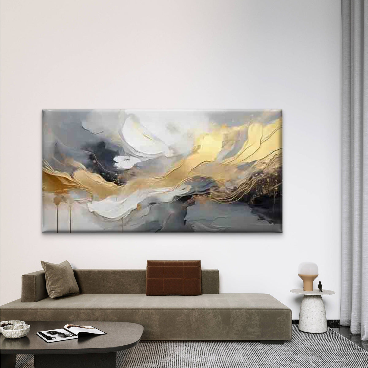 Abstract Golden Flowing Wave Wall Art Canvas Office Home Room Framed 80x45cm
