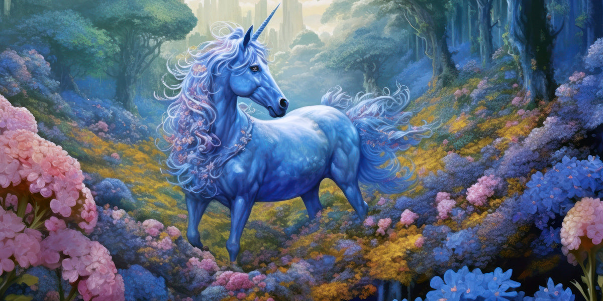 Mystic Blue Unicorn Forest Fantasy Meadow Wall Art Canvas Office Home Framed 80x45cm