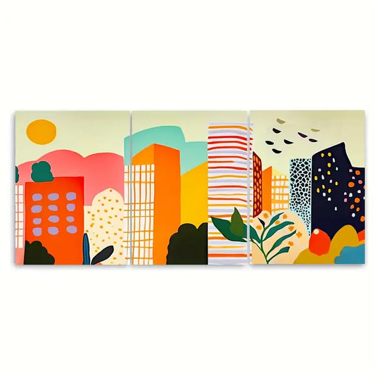 3pcs Colorful City Skyline Orange Metal Print Ready to Hang Art