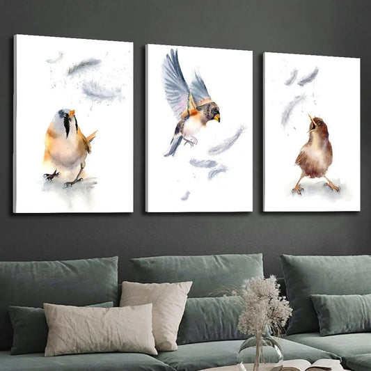 3pcs Featuring Feathered Whimsical Bird Watercolor Metal Print Ready to Hang Art